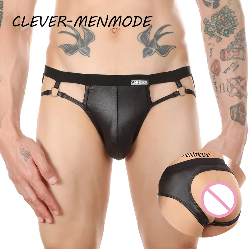 Men's Sexy PU Underwear Faux Leather Briefs U Convex Thong Bulge Penis Pouch Backless Bikini Open Butt Jockstrap Fetish Lingerie
