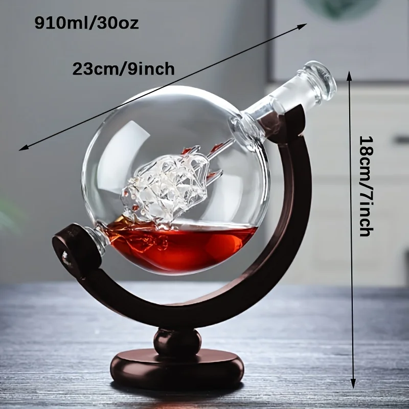 Creative Globe Decanter Set with Lead-free Carafe Exquisite Wood-stand and 2 Whisky Glasses Whiskey Decanter Globe Grade Gift