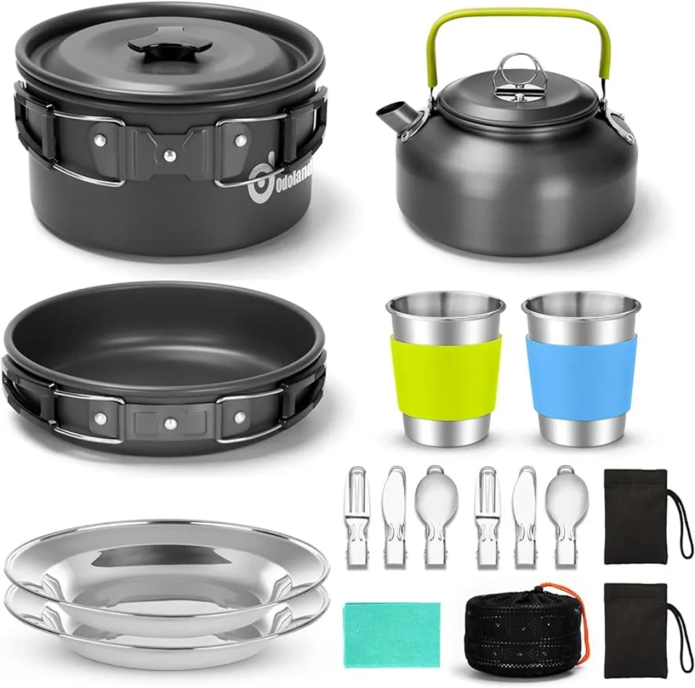 

15pcs Camping Cookware Mess Kit, Non-Stick Lightweight Pot Pan Kettle Set