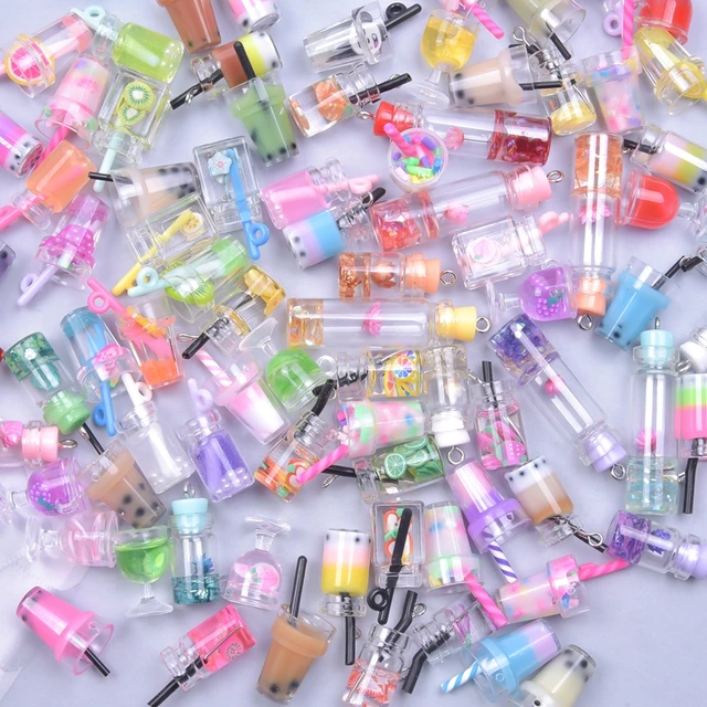 76Pcs Milk Tea Fruit Tea Charms Resin Mini Bottle Boba Juice Drinks Pendants