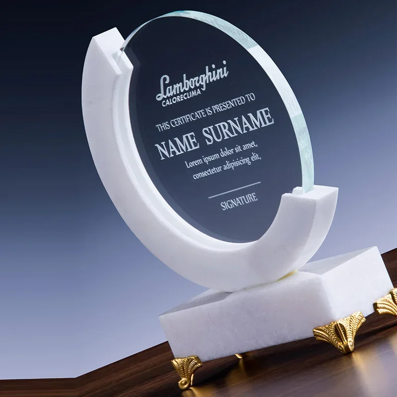 Customized Award White Marble Trophy, Wooden Crystal Trophy, Creative, High-End Honor, authorization Card, Round Trophy, 1Pc