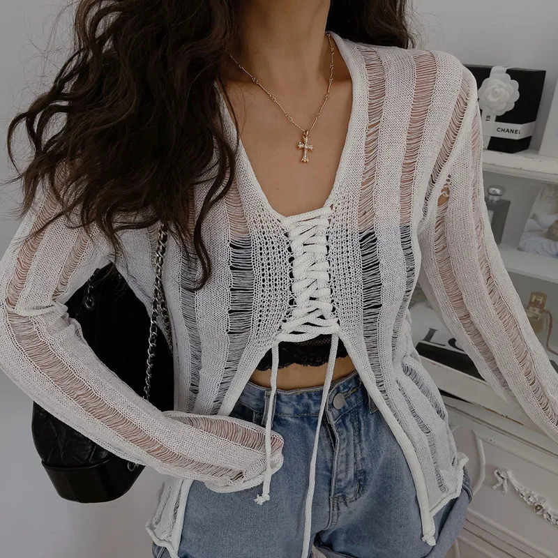 

Fashion Sexy See-through Bandage Knitted Hollow Out T-Shirt Women Y2K Gothic Lace Up Grunge Drawstring Cross Long Sleeve Sweater