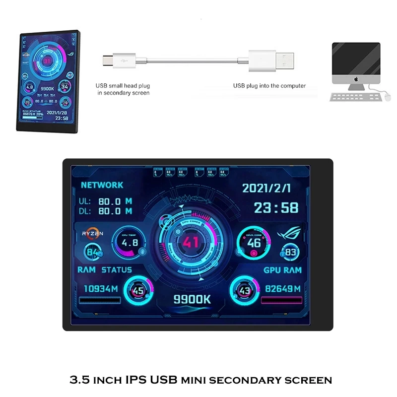 3.5 Inch IPS Type C Secondary Screen for Computer CPU GPU RAM HDD Dislay 328*480 USB LCD Monitor for Freely AIDA64 Windows 10 11 computer secondary screen
