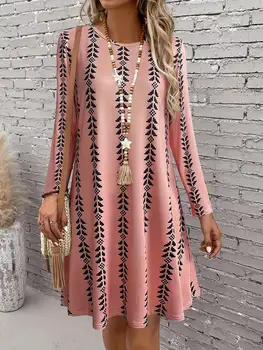 Mini abito da donna autunno/inverno a maniche lunghe con scollo tondo - Abito svasato casual dalla vestibilità ampia con stampa completa, abito autunnale fluido 1