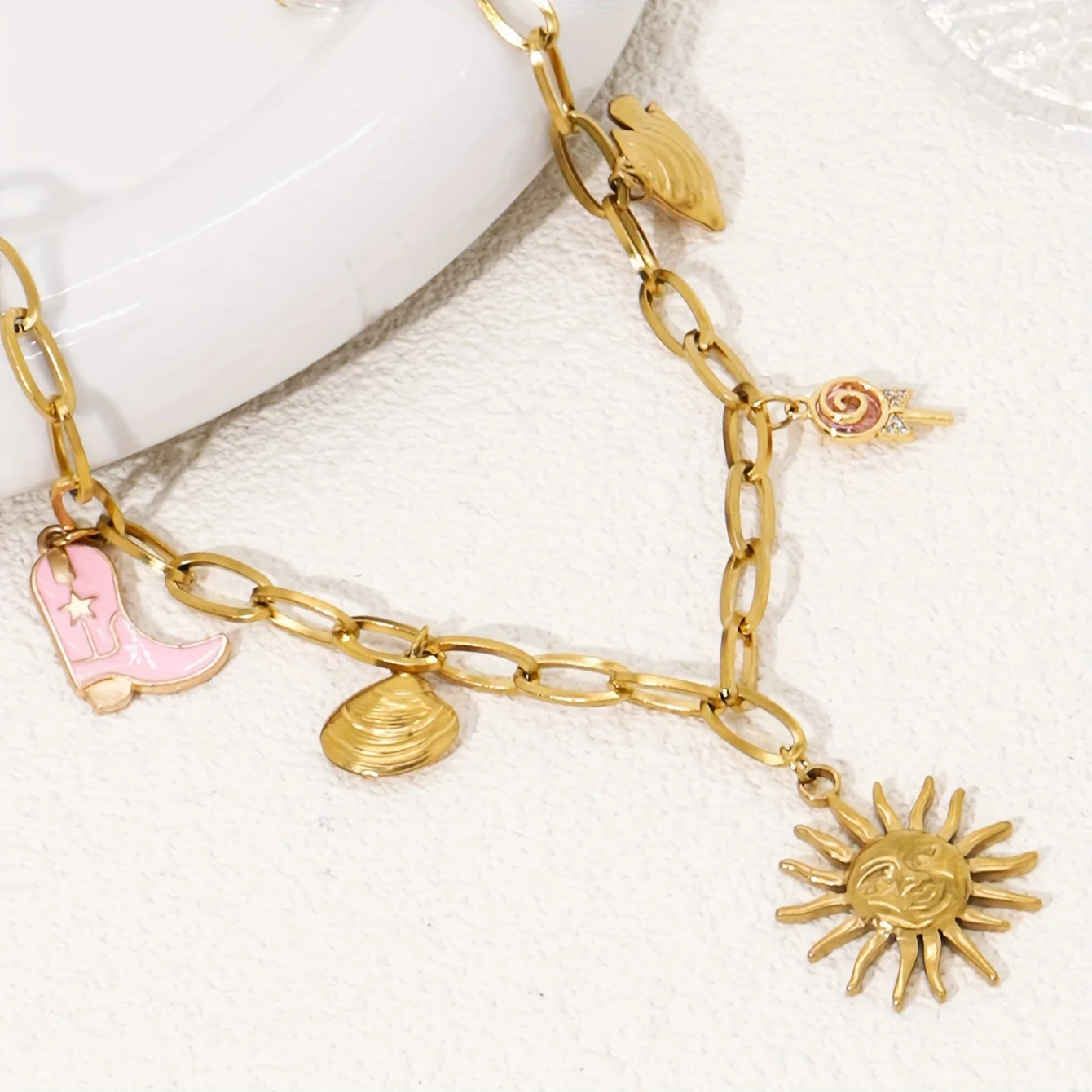 Charm Boots Stainless Steel Starfish Fish Multi-Pendant Necklaces for Women
