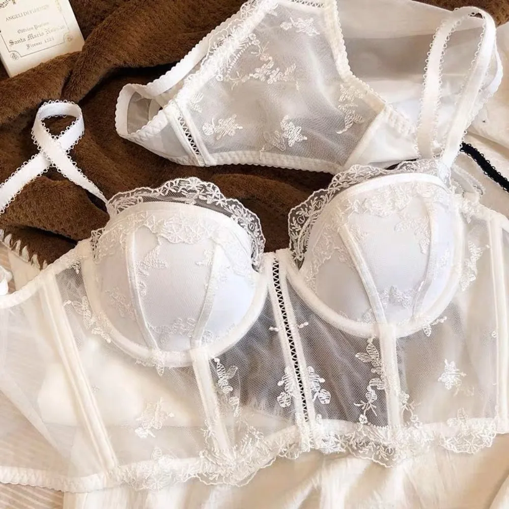 Ensemble soutien-gorge corset longue coupe demi-bonnet vintage français en dentelle brodée, lingerie sexy push-up avec maintien de la poitrine et effet sculptant, ensemble de lingerie 2 pièces