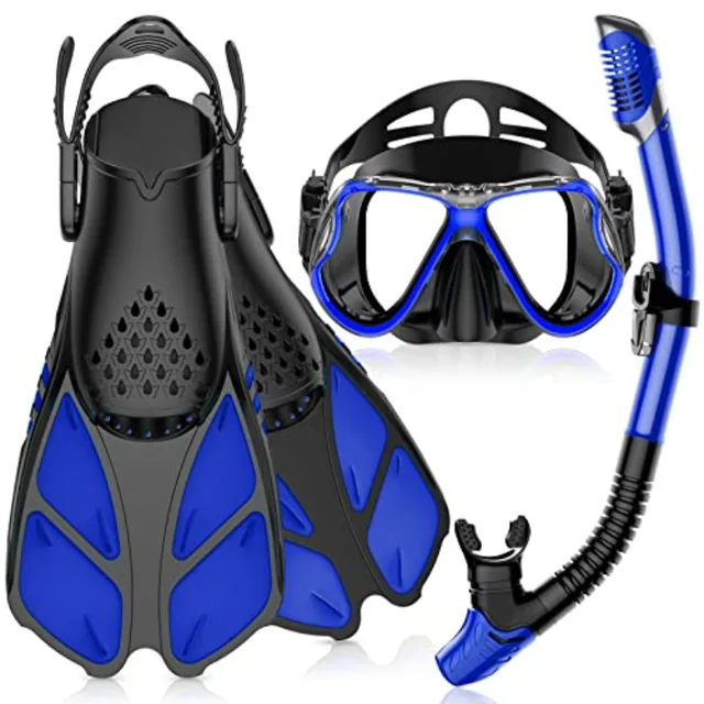 Snorkeling Gear for Adult: Black-Blue Mask, Fins, Snorkel Set Combo Lightweight, Anti-Fog, Comfort Fit Ideal for Swimming or Di