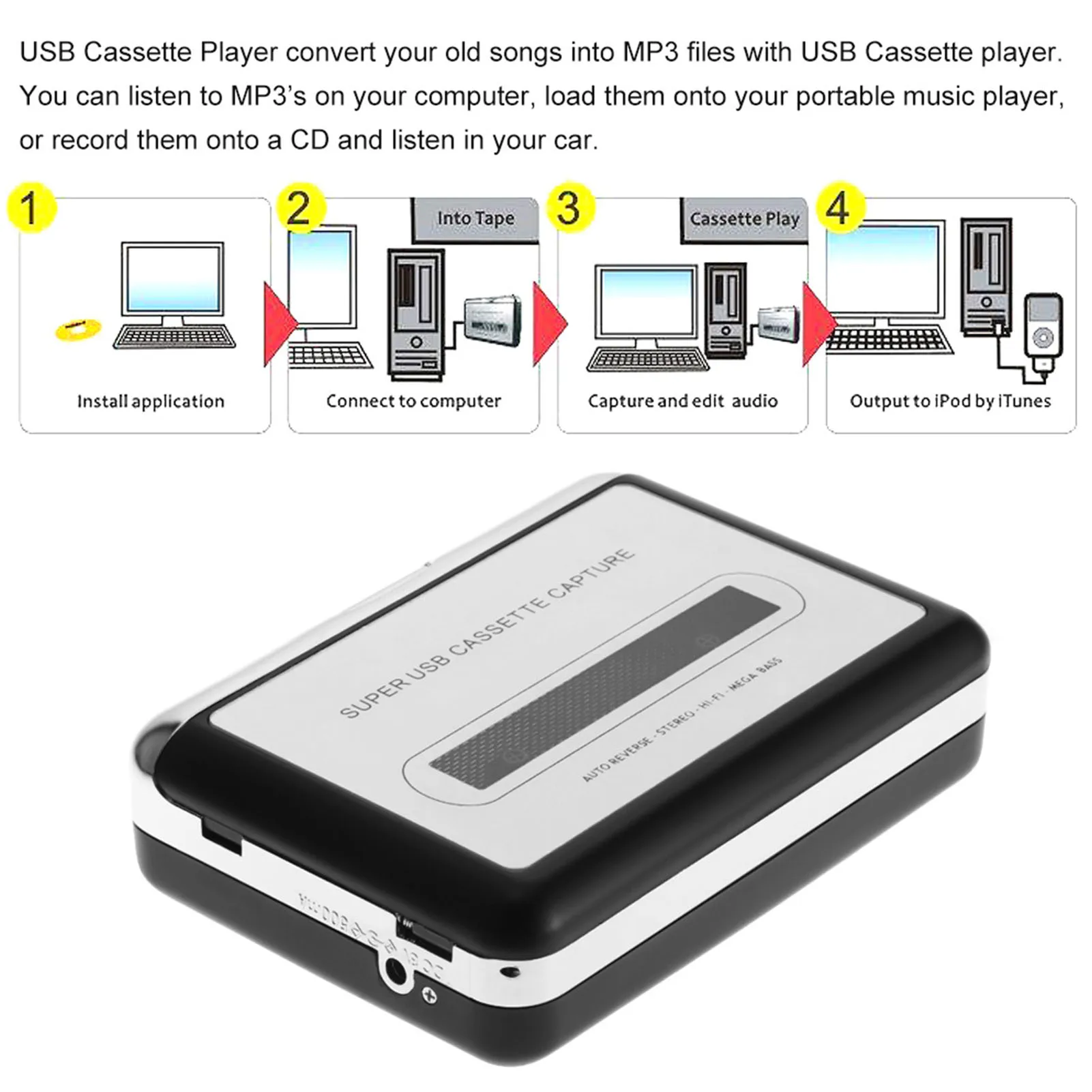NEW USB Cassette Converter Cassette Tape to MP3 Converter HiFi Sound Quality Portable Music Player with Earphone