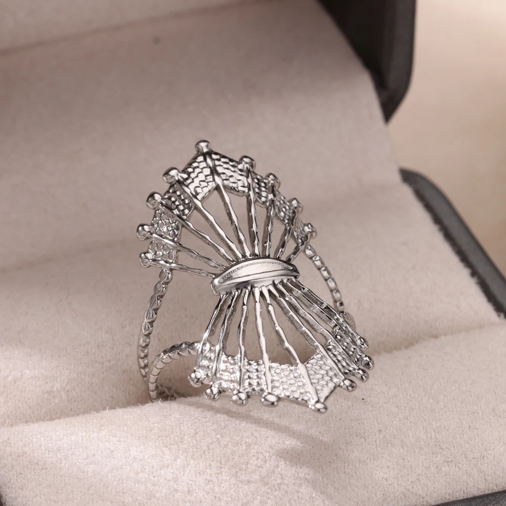 Geometric Fan Rings for Women Gold Color Stainless Steel Adjustable