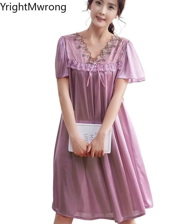 Women Satin Silk Dress Embroidery Nightgown Lingerie Oversized 5XL Sleepshirt Summer Lounge Pajama Night Sleepdress