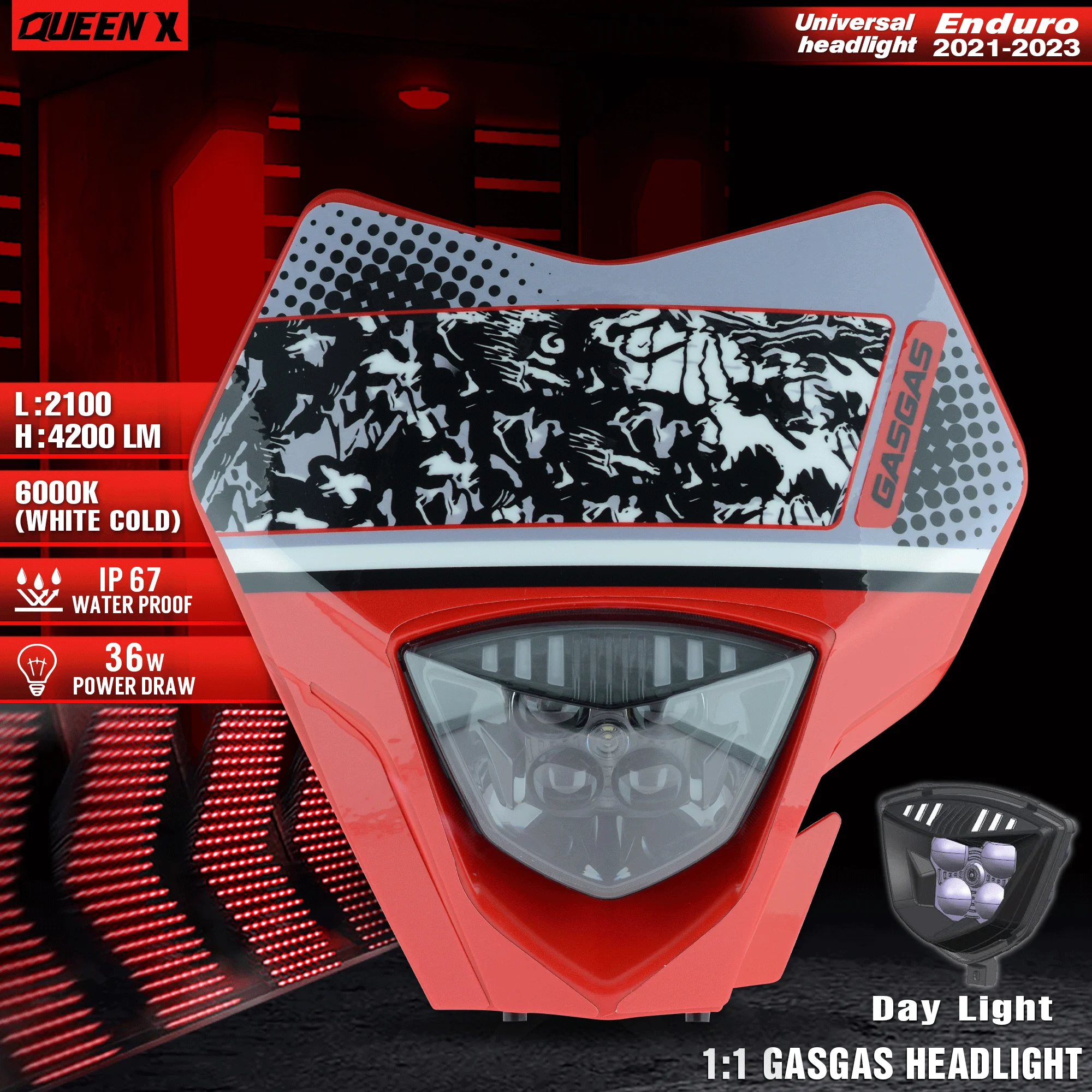 Queen X Motor Motorcycle Led Faro Anteriore Supermoto Carenatura Per Gasgags Ec Mc Luce Universale 002