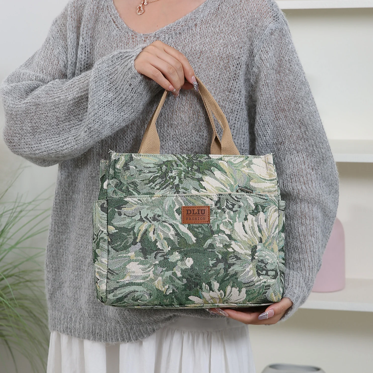 Neue große, dickere Stoffhandtasche, Tragetasche, Einkaufstasche, Allzwecktasche, Lunchbox-Tasche, Bento-Tasche, Blumenmuster – Detail 15