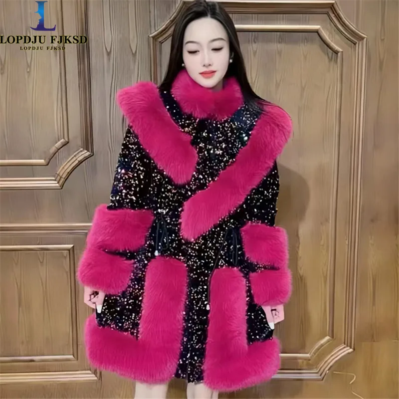 Abrigo de piel sintética con cordon y textura lisa para mujer, Chaqueta larga holgada y cálida Abrigo de piel sintética con cordon y textura lisa para mujer, Chaqueta larga holgada y cálida