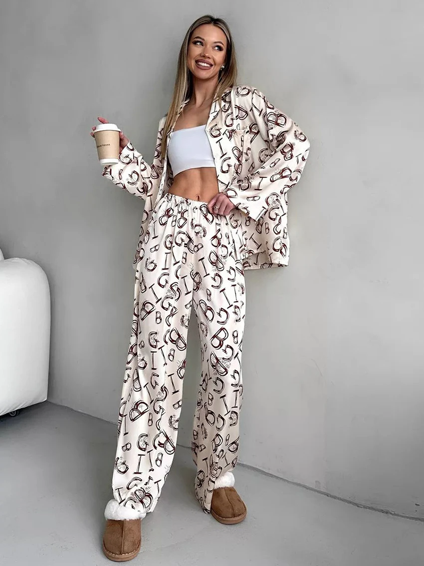 Marthaqiqi Printing Femme Sleepwear 2 Piece Suit Long Sleeve Nightwear Turn-Down Collar Pajama Wide Leg Pants Casual Nightie Set