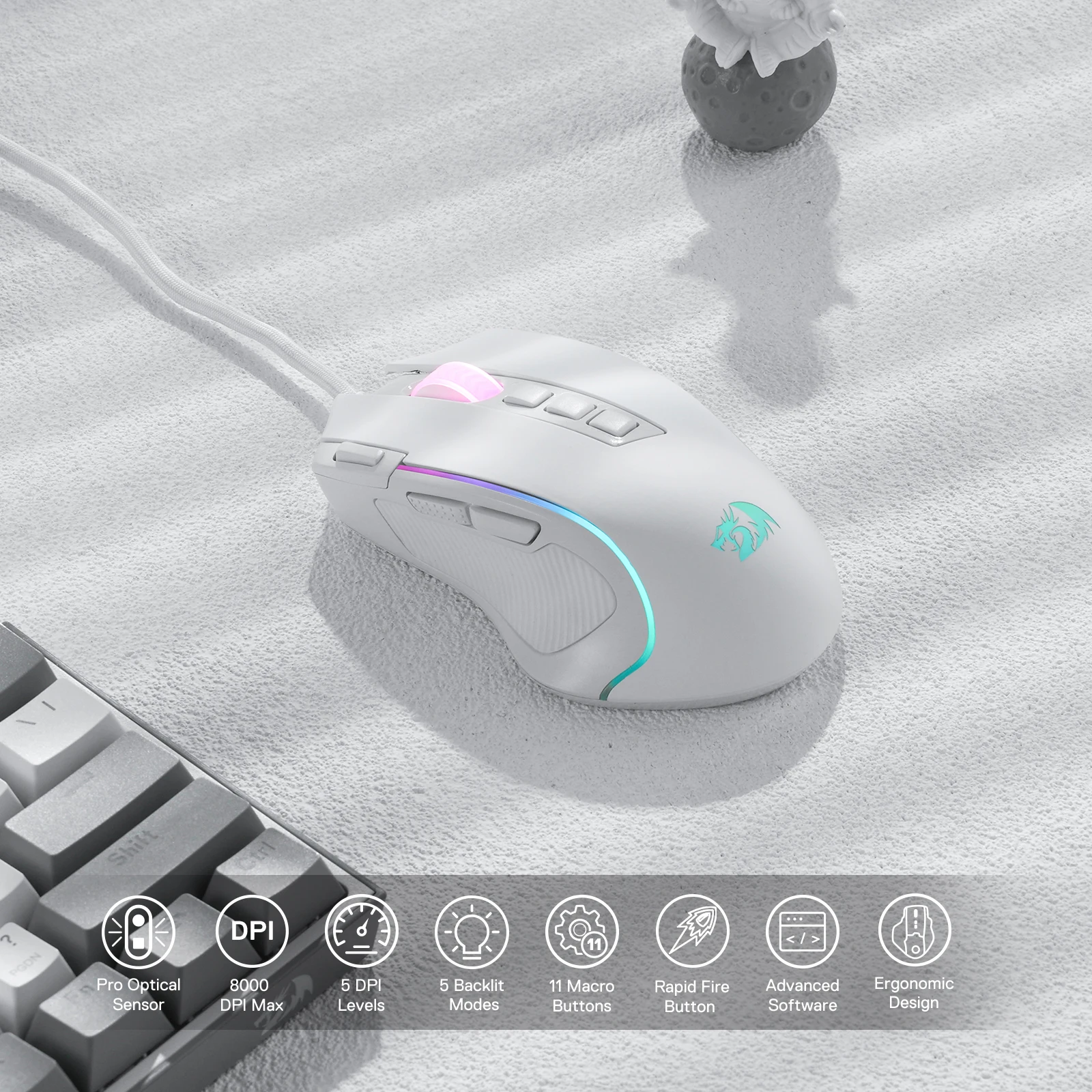 Redragon M612 Predator RGB Gaming Mouse 8000 DPI Wired Optical with 11 Programmable Buttons, White view 3