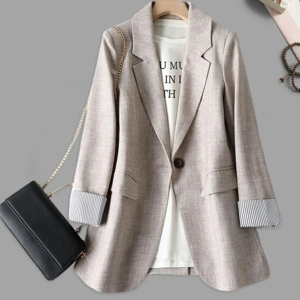 

Women Fall Spring Suit Coat Lapel Pockets Business Jacket Solid Color Single Button Long Sleeve Blazers Striped Cuff Lady Coat