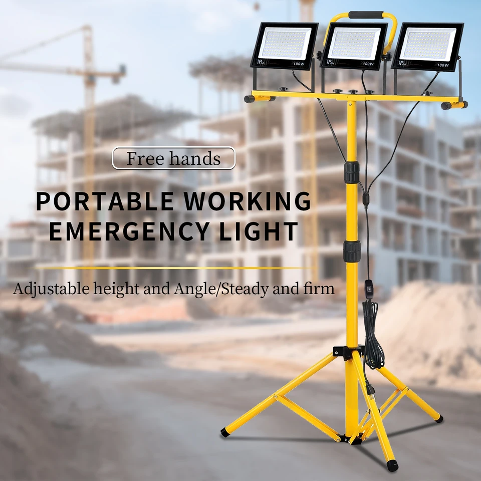 30000 Lumen LED Work Light On Tripod Stand - 2 Adjustable Heads, IP66 Waterproof, For Construction & Garage