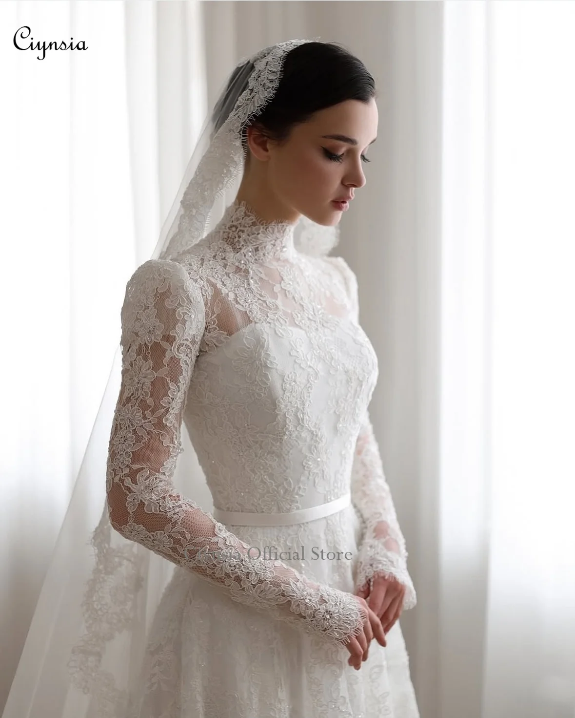 Customized Elegant Lace Wedding Dress A-Line High Neck Long Sleeves Bridal Dress for Bride with Veils Robe De Mariée