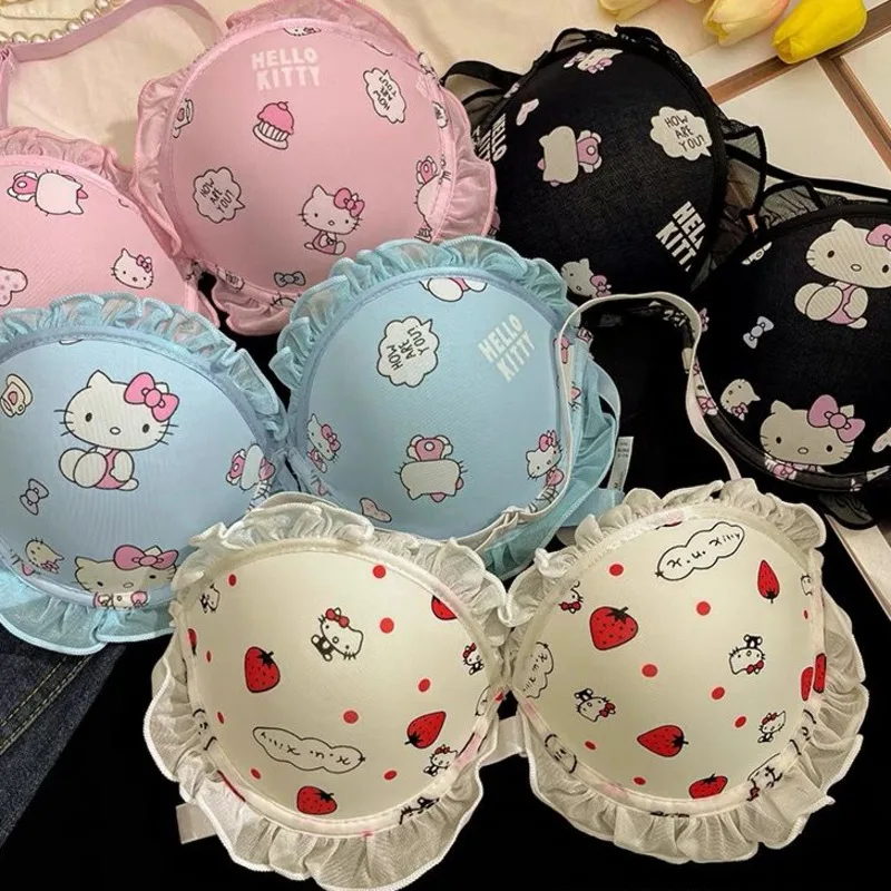 

2 Pcs/Set Sanrio Hello Kitty Sweet Lovely Women's Underwear Without Shoulder Straps Hanging Neck Beautiful Back Bra With Panties