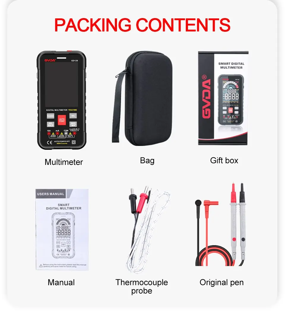 GVDA New 9999 Counts Digital Multimeter Smart Auto Range 1000V 10A Tester Meter Ohm Hz Capacitance REL True RMS AC DC DMM GD128 6