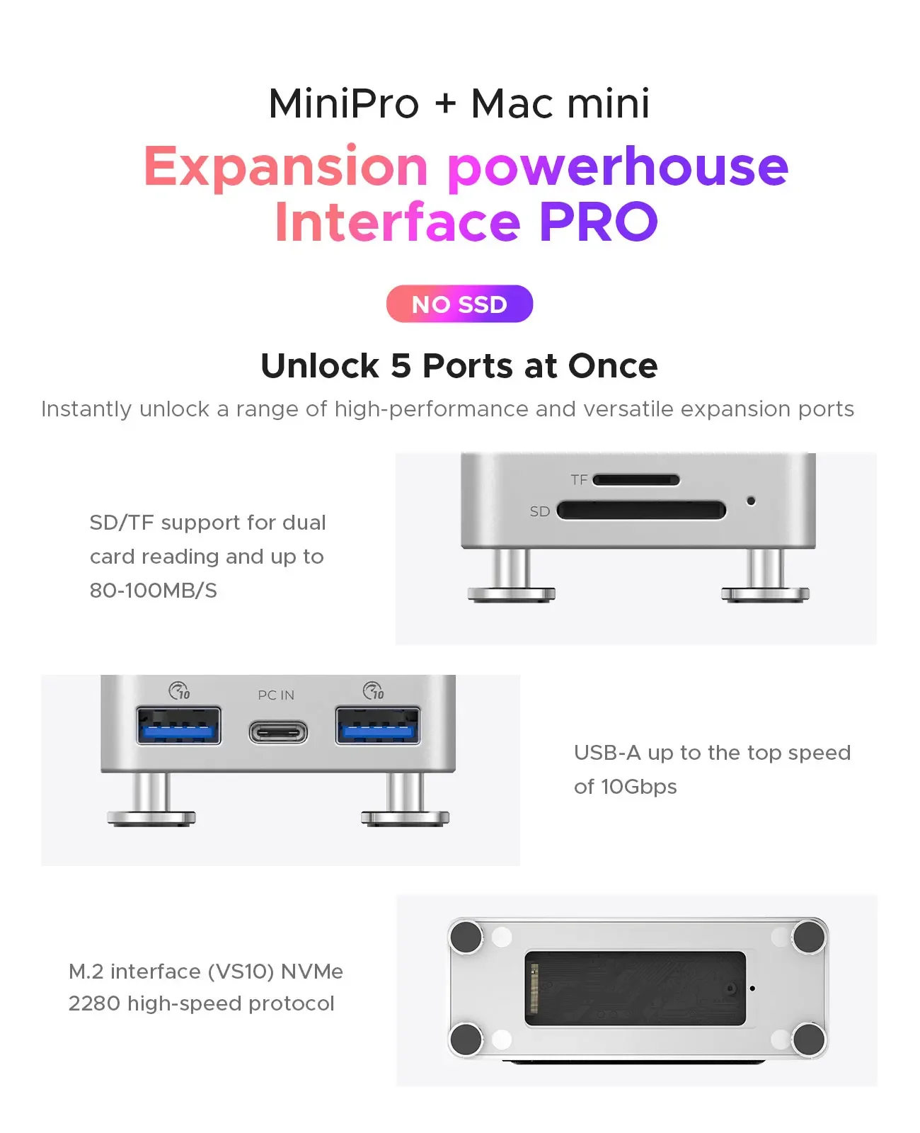 ORICO 미니 프로 도크 스토리지 확장 Mac Mini M4 Pro M.2 SSD 인클로저 Mac 액세서리 용 10Gbps 확장 도킹 스테이션