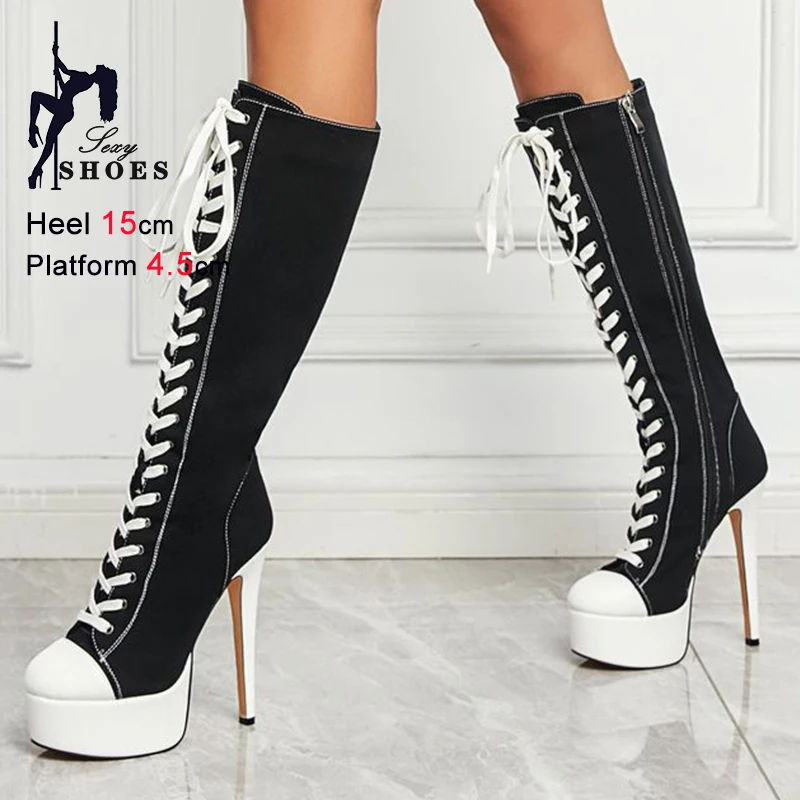 Spring Autumn Fashion Black White Women's Canvas Knee High Boots Thin High Heels 15cm Platform 4.5cm Lace-Up Ladies Long Boots