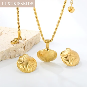 LUXUKISSKIDS Enamel Shell Golden Textured Conch Earrings Necklace Bracelets Summer Stylish Steel Woman K Gold Plated Jewelry Set