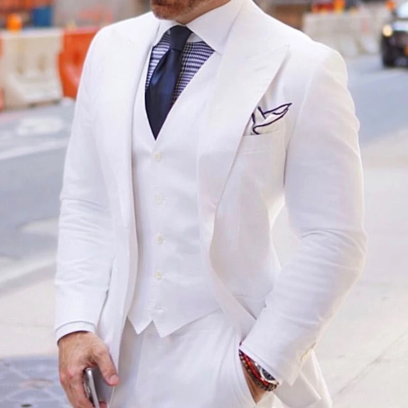 

White Formal Men Suits for Wedding Wide Peaked Lapel 3 Piece Jacket Waistcoat with Pants Male Fashion Groom Tuxedos