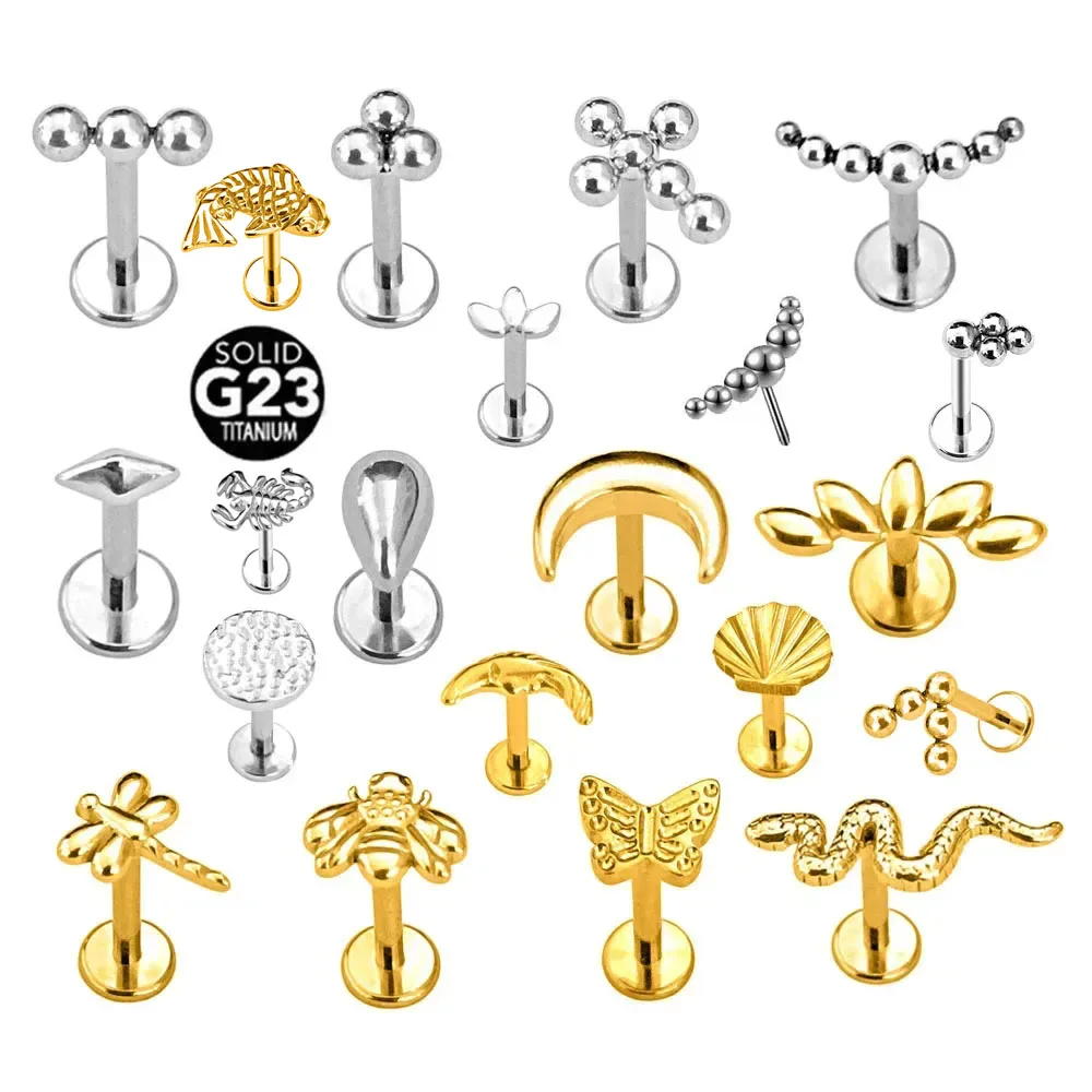 ASTM F136 G23 Titanium Snake Bee Drop Threadless Piercing Moon Cross Push in Labret Stud Flower Leaf Pin Daith Conch Earring 16G