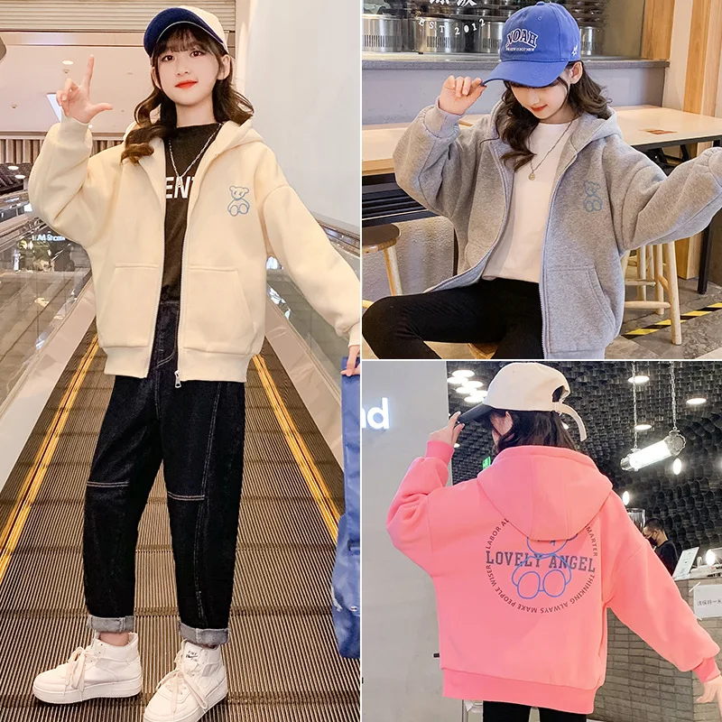 

2023 Korea Autumn Winter Children Warm Cotton Jacket Tops Outerwear Cardigan Elementary Girls Hooded Jackets Toddler Coat