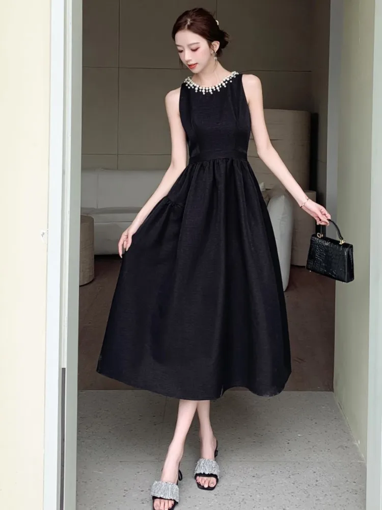 

New Summer Women Elegant Casual A-Line Solid Chic Party Dress Sleeveless Vintage Birthday Clothes Female Prom Sundress Mujers