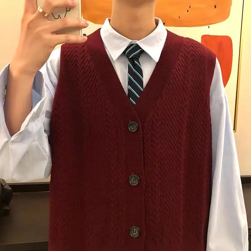 Men Spring Autumn Retro Loose Knit Cardigan Vest Men's Solid Color Sweater Waistcoat Male V-neck Solid Vest Coats K493
