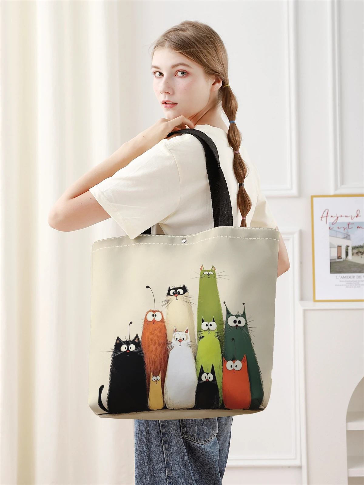 1pc， Cat pattern handbag, reusable fashionable handbag, multifunctional handbag, printed canvas shopping bag