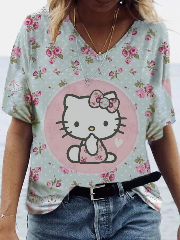 

Hot Summer 3D Printing Graphics Hello Kitty T Shirts Womens V Neck Street T Shirts Ladies Casual Kids Tops y2k Clothing