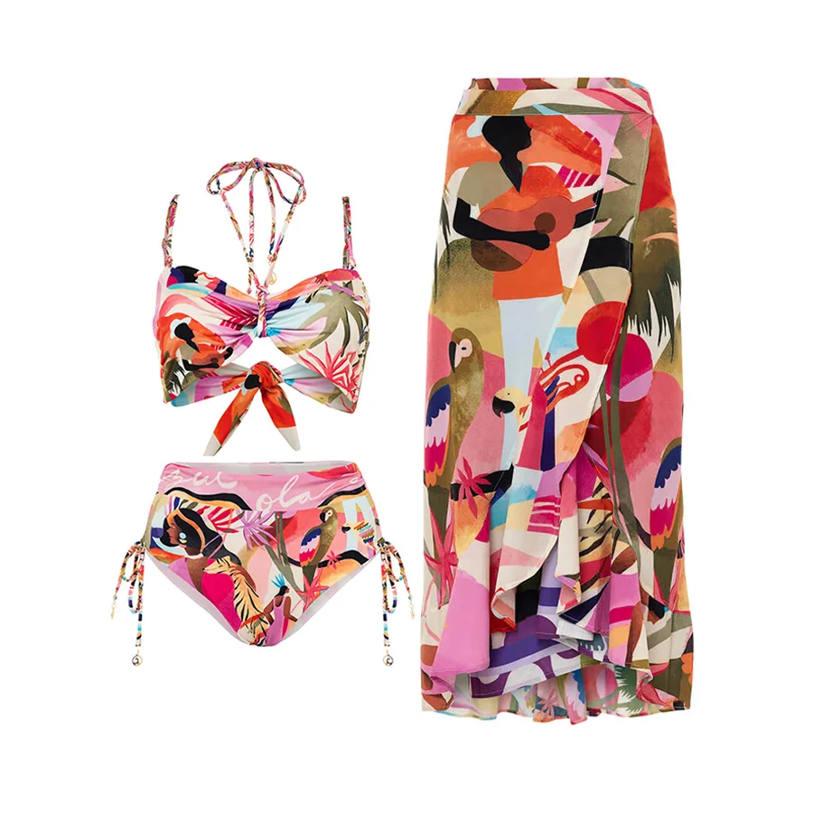 

Tropical Flower Bird Print Bikinis Set Cover Up Women's Fashion Two Piece Swimsuits Luxury Swimweaer Bathing Suit Beachwear 2023