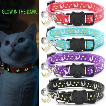 4 PCS Cute Glow Cat Collars Breakaway with Bell & Moons Stars,Kitten Collar for Girl Boy Cats Puppy, Cat Accessories