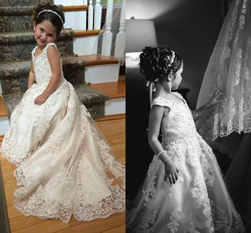 

Elegance Princess Lace Kids Flower Girls Dresses For Weddings Spaghetti Lace Appliques Tulle Satin Pageant Dresses For Communio