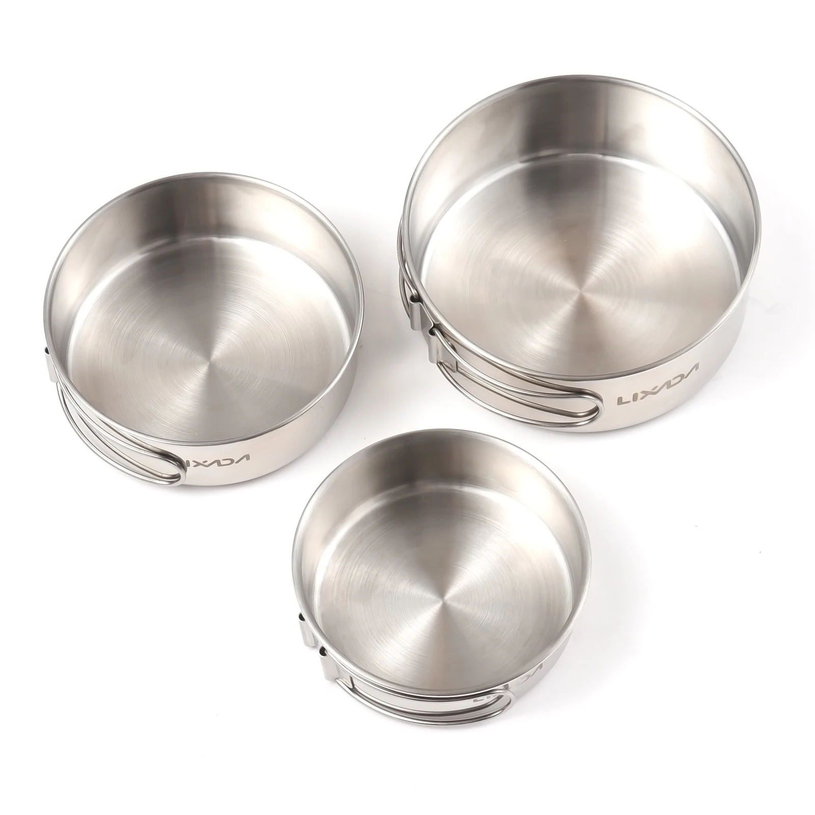 Lixada 3pcs Stainless Steel Combination Cookware Set Camping Kitchenware Pan Pot with Folding Handle for Outdoor Hiking Picnic 3