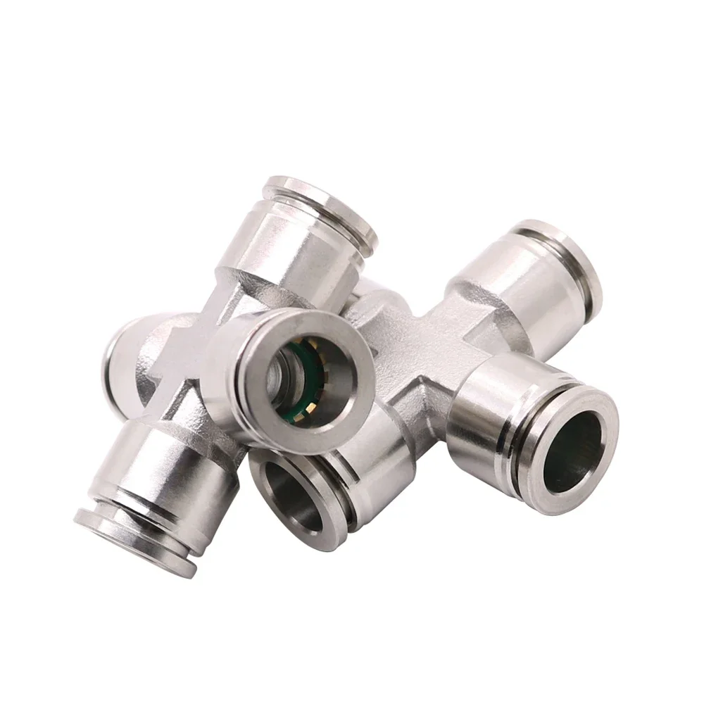 Description Picture 3 of itemPneumatic PZA Connector 4-8 mm OD Air Hose 304 Stainless Steel Push In Quick Connector Air Fitting Plumbing Cross 4 Ways Pipe