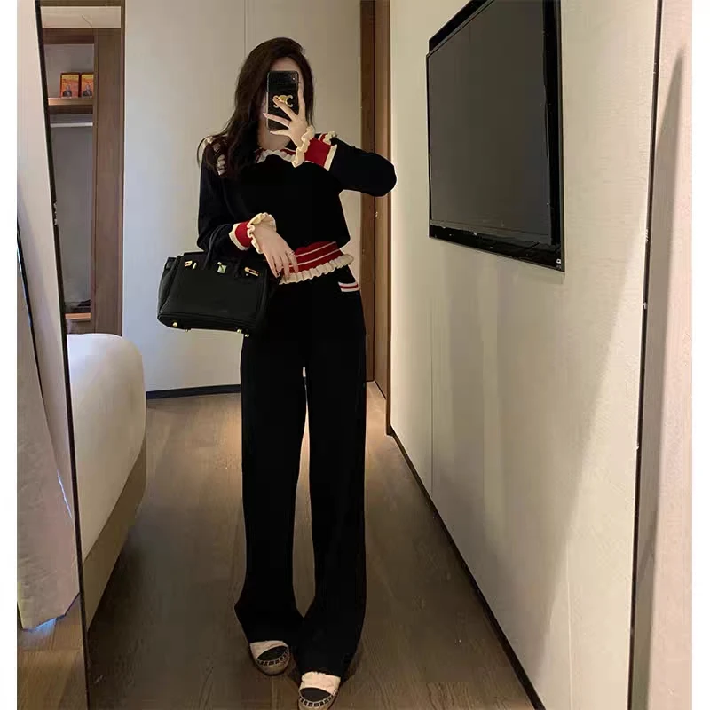 

BULOCHOVA Small Fragrant Knitted Tracksuit Suits For Women Fall Stitching Color Short Tops + Wide Leg Pants 2 Piece Sets 2023