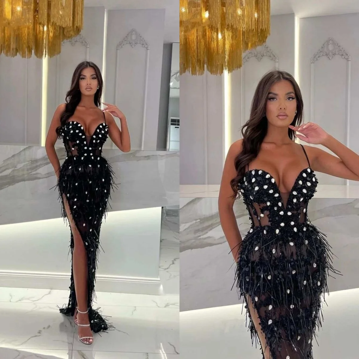 

Luxury Mermaid Evening Dress Rhinestones Spaghetti Strap Split Prom Dresses Sweep Train Tassel Formal Gowns