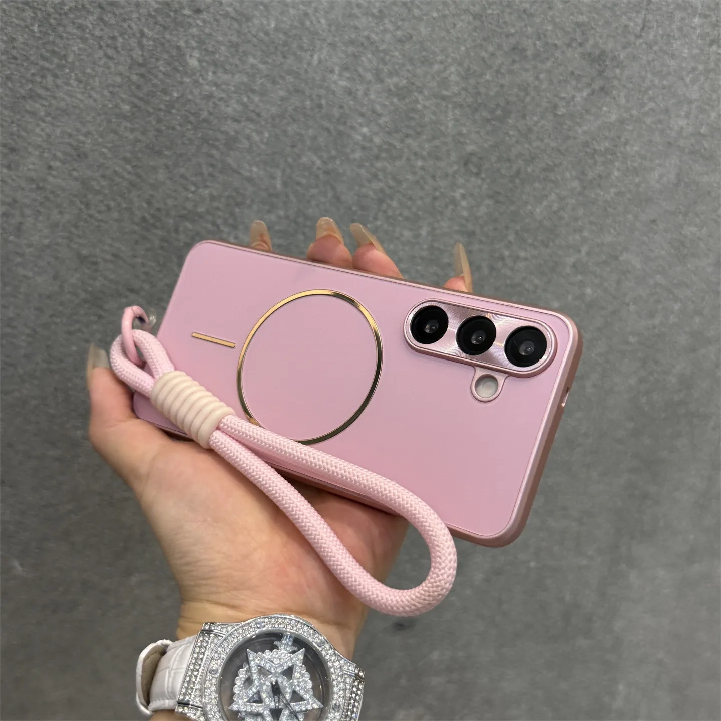 Luxury AG Plating Lanyard Case with Wireless Charging and Wrist Strap Cover
