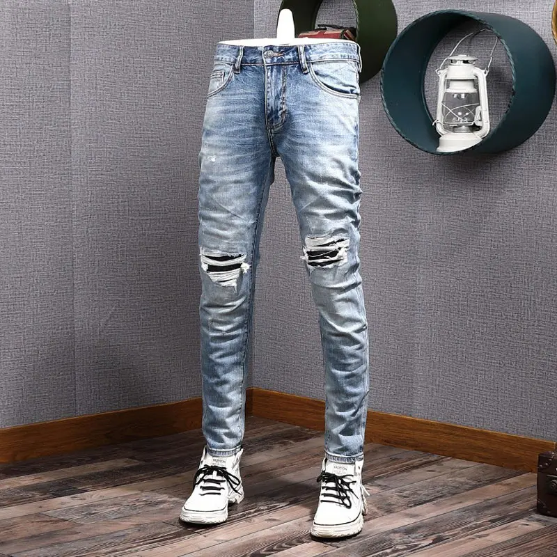Уличные модные мужские джинсы в ретро стиле