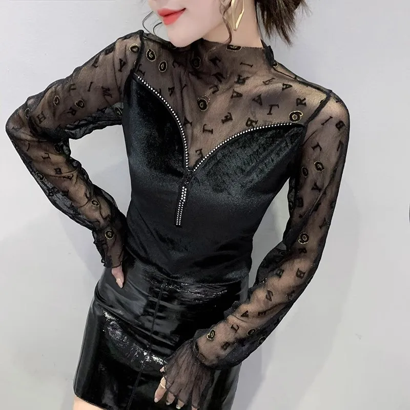

Autumn Winter European Clothes Tshirt Women Hot Diamonds Zipper Slim Tops Mesh Long Sleeve Tees