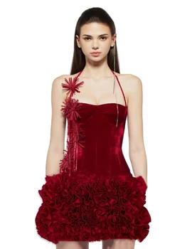 Women's Flower Skirt Two Piece Set Sexy Halter Floral Black Red Corset Top + Mini Skirts Lace-up Suits Celebrity Party Cocktail 1