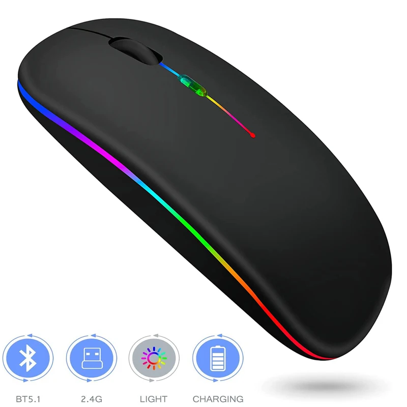 LED 무선 마우스 블루투스 호환 슬림 충전식 무소음 마우스, RGB 인체 공학적 게이밍 마우스, 컴퓨터 노트북 PC용, 2.4GHz 