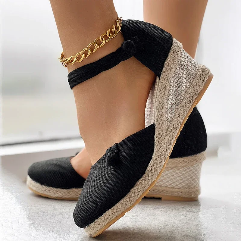 Sandals Women Braided Espadrille Knot Button Ankle Strap Wedge Sandals Linen Wedge Summer 6cm Heel Platform Espadrilles Shoes