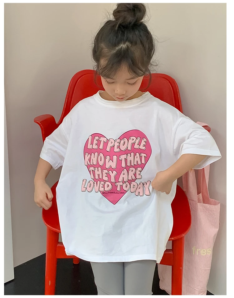 

Girls Heart-shape Letter Print T-shirt Children's O-neck short sleeved All-match Casual Tops
