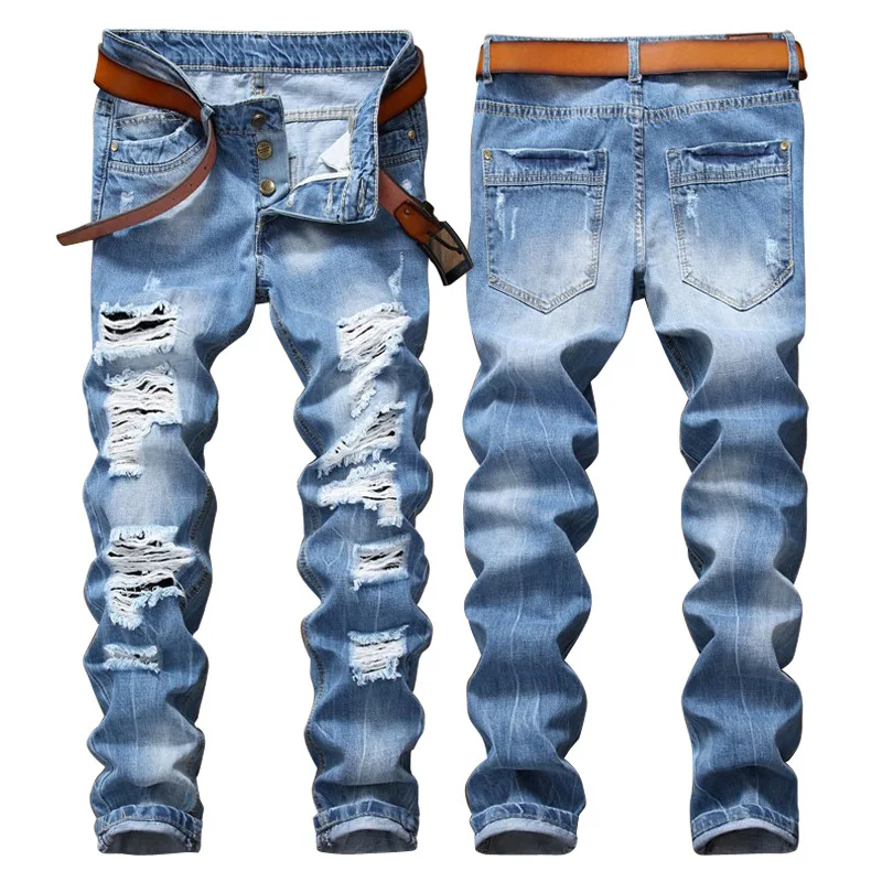 

High Quality Fashion Ripped Hole Tie Flower Denim Pants Light Blue Jeans Men Denim Trousers