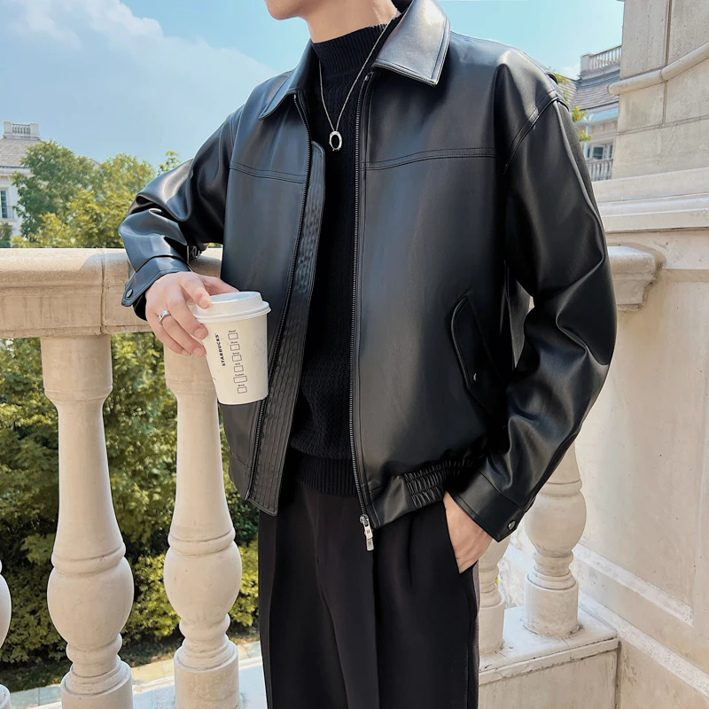 LegibleAutumnWinterLeatherJacketsMenCasualLoosePUJacketSolid